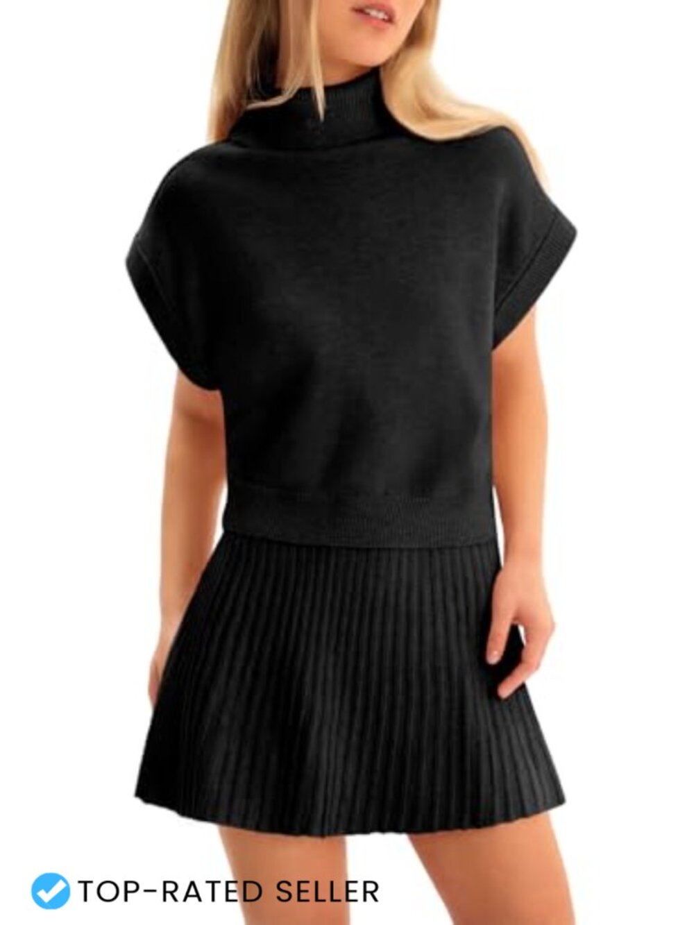 Womens 2 Piece Sweater Skirt Set Pleated Knit Turtleneck Cap Sleeve Casual